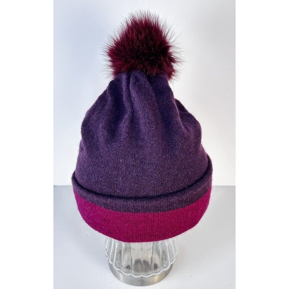 Bettina 100 Cashmere Beanie With Fox Pom Pom Purple  Plum NWT - Picture 1 of 6